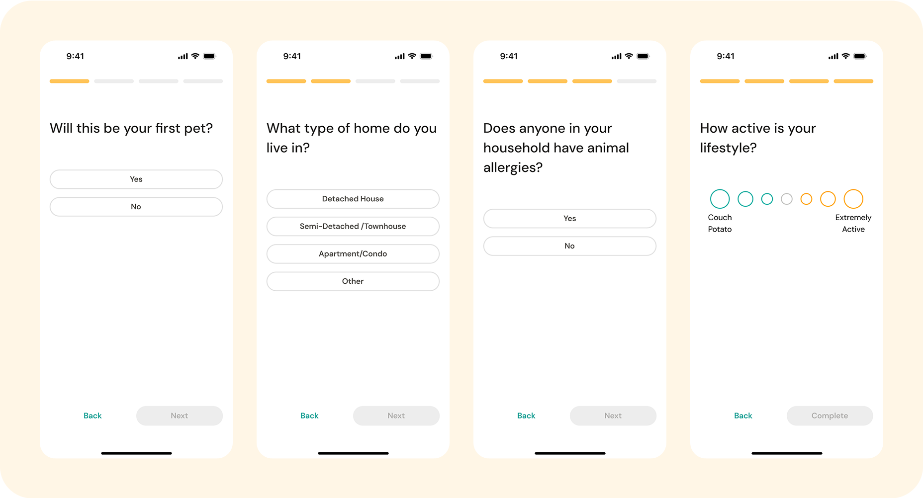 Screens showing the onboarding flow for Snuggle