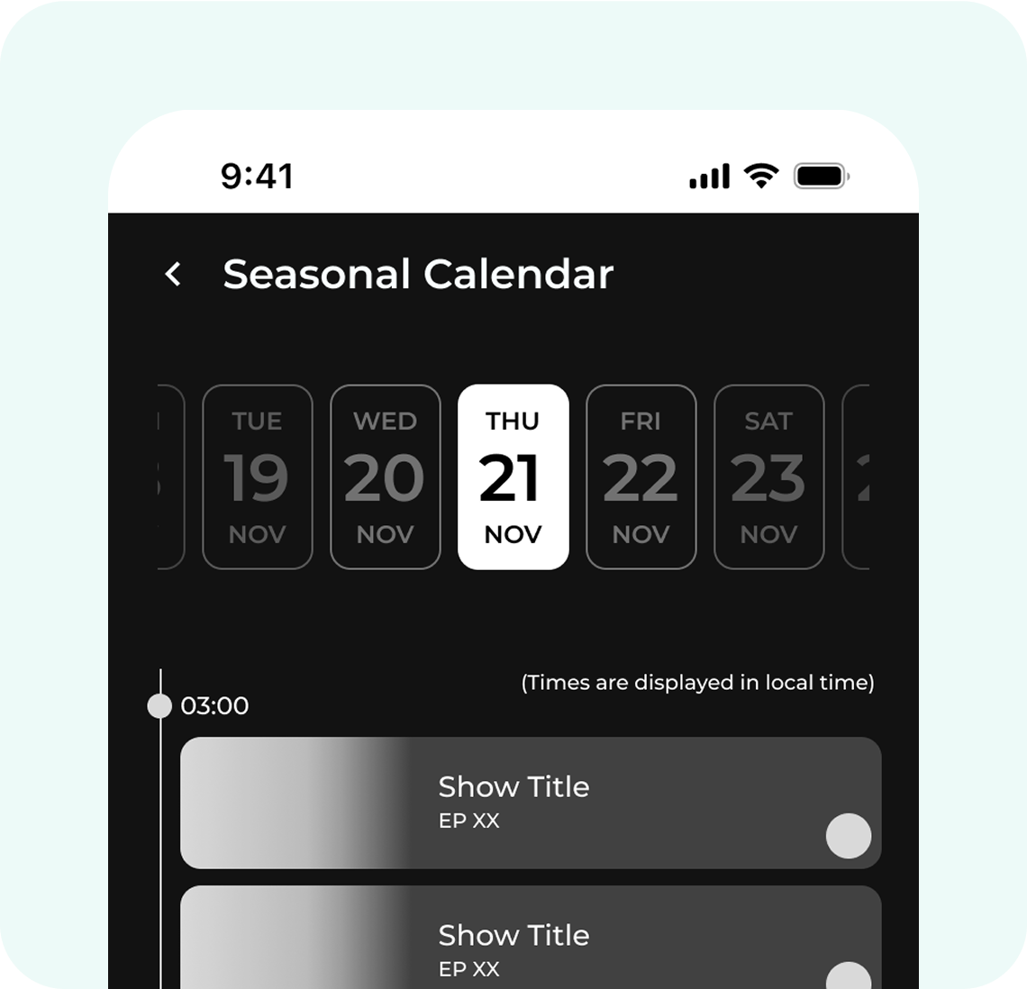 Mid-fidelity wireframe showing new seasonal calendar feature